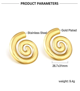 Detail showing gold plated spiral earrings dimensions 26.7x31mm and 9.4g weight info
