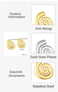 Detailed view of 26.7x31mm stainless steel spiral earrings with anti-allergy gold plating