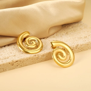 Minimalist spiral 18K gold plated stainless steel earrings on a stone with satin