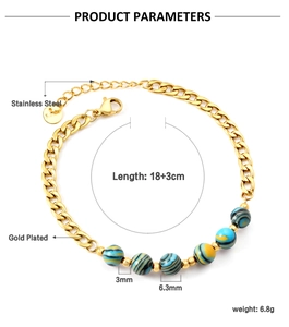 Detailed size map of gold plated stainless steel bracelet with colored natural stone beads