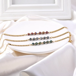 Gold Plated Stainless Steel Bracelet With Striped Marble Stone Beads And Curb Chain Women Vintage Bohemian Jewelry Accessory