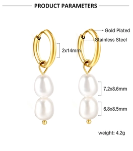 Detail view of double drop baroque pearl earrings with gold-plated stainless steel hoops