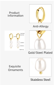 Detailed view of gold plated stainless steel pearl earrings with weight and size specifications