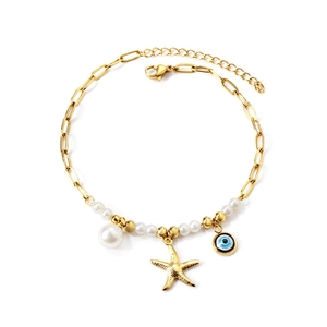 Gold starfish pearl and evil eye ankle bracelet with adjustable link chain for women