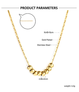 Detailed specs of gold plated stainless steel necklace with dimensions and 45+5cm length
