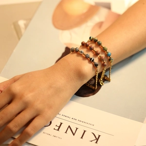Three-piece set of colorful natural stone beaded bracelets with gold chain for women