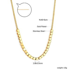 Detail of gold plated stainless steel square bead necklace with 45+5cm length specs