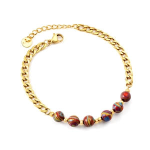 Gold stainless steel Cuban chain bracelet featuring vibrant colorful marble texture beads
