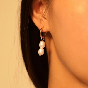 Stainless Steel Gold Plated Double White Artificial Pearl Hoop Earrings For Women Waterproof Anti Allergy Elegant Retro Jewelry