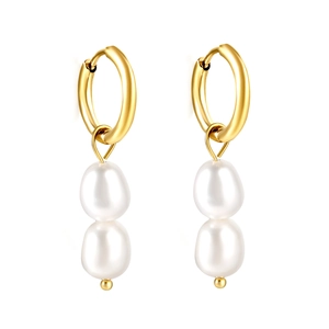Elegant gold hoop earrings with double drop pearls in a minimalist vintage style
