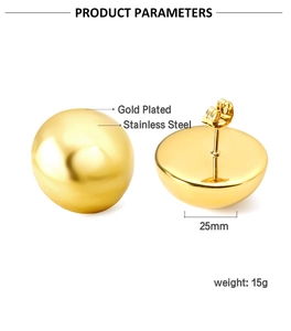 Detail of 25mm gold plated stainless steel semi-dome stud earrings with butterfly back