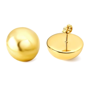 Polished gold semi-sphere stud earrings in stainless steel on a white background