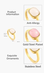 Viste dettagliate dell'anello in acciaio dorato con pietra quadrata rosa e bianca