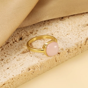 Anello vintage in acciaio inossidabile dorato con pietra naturale rosa da donna