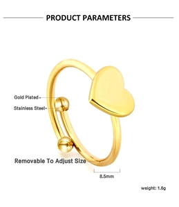 Detailed spec view of an adjustable gold-plated stainless steel heart ring with dimensions