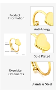 Detail of 8.5mm gold heart ring in stainless steel with adjustable band specifications
