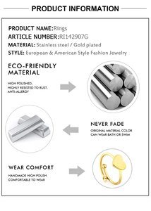 Detailed specs of the gold-plated stainless steel heart open ring with waterproof features