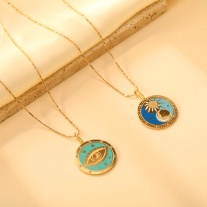 Colliers tarot dorés avec pendentif œil turquoise et pendentif céleste soleil lune