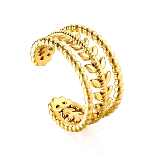 Vintage gold layered open ring featuring wheat leaf texture and beaded edges for women