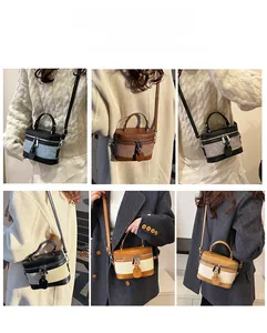 Collage of two-tone bucket bags showing top handle and detachable shoulder strap use