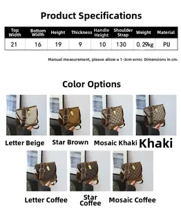 Detailed technical diagram showing bucket bag dimensions and seven available color options