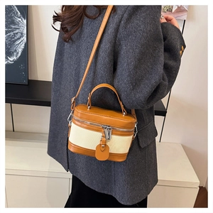 Brown leather and canvas box bag shown on model for size and cross-body styling