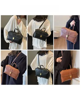 Detailed views of the retro leather handbag shown in handheld, shoulder, and crossbody styles