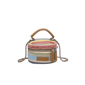 Borsa a secchiello in paglia a righe arcobaleno con manico in pelle e tracolla a catena