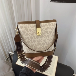 Vintage Monogram Print Bucket Bag PU Leather Women Crossbody Handbag With Wide Adjustable Fabric Strap Gold Metal Lock