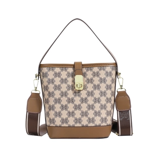 Classic monogram bucket bag in brown leather and beige canvas with golden twist lock