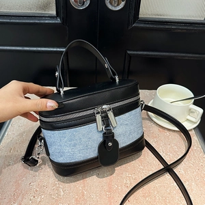 Women Retro Box Crossbody Bag Contrast Color PU Leather Denim Handbag Adjustable Strap Double Zipper Fashion