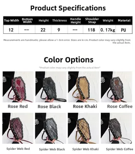Detailed size chart for the gothic coffin crossbody bag with rivet and rose patterns