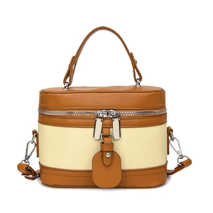 Vintage-style vanity box bag in brown leather and beige canvas with silver hardware