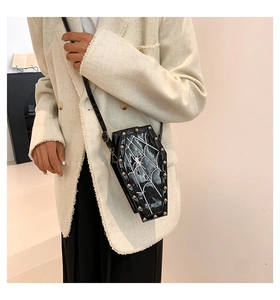 Detail of gothic coffin crossbody bag with spider web print and silver metallic studs