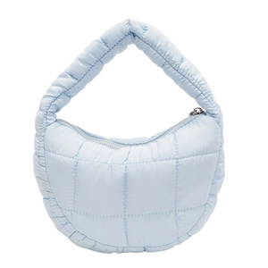 Sky blue quilted padded hobo bag with zip closure and soft puffer handle for women