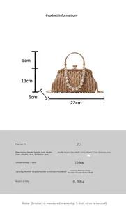 Detailed dimensions of champagne sequin shell bag with pearl handle and metal chain