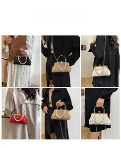 Collage of pleated sequin shell bags with pearl handle in four stylish colors