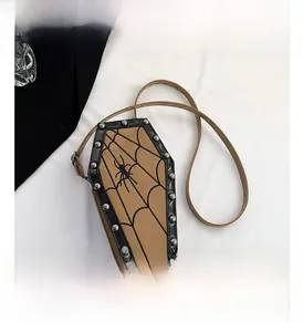Gothic coffin-shaped crossbody bag with spider web pattern and silver metal rivets
