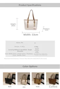 Detailed size chart and multi-color options for the vintage PU leather tote bag