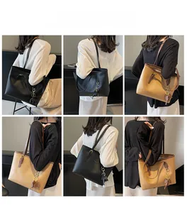 Collage of black and brown PU leather tote bags with horse charm shown on model