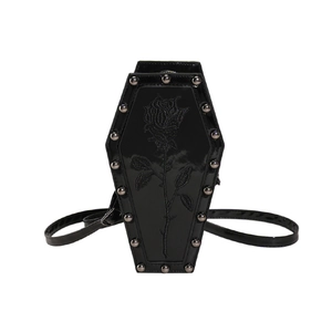 Gothic coffin-shaped crossbody bag with black rose embroidery and studded rivets