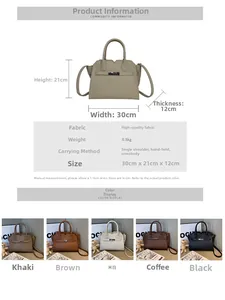 Detailed size chart for the leather tote bag showing dimensions and five color options