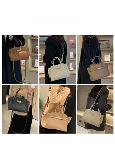 Model wearing multi-way minimalist leather tote bag in four neutral classic colors