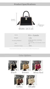 Detailansicht der Plüsch-Patchwork-Tasche mit Maßen und verschiedenen Farboptionen