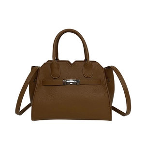 Brown litchi leather tote bag with silver lock and adjustable shoulder strap for women