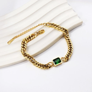 Bracelet en acier inoxydable doré avec pierre précieuse rectangulaire vert émeraude