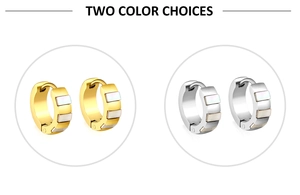 Close-up of gold and silver hoop earrings featuring minimalist square shell inlay detail