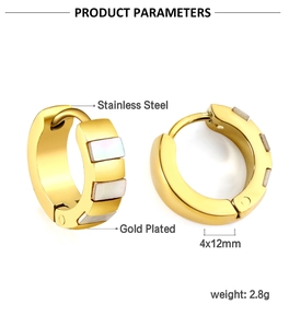Detail of 18K gold plated stainless steel earrings with white shell inlay and measurements