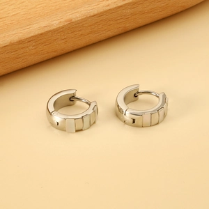 Polished silver stainless steel hoop earrings with rectangular white mother-of-pearl inlay