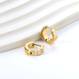 Polished 18K gold plated stainless steel hoop earrings with white rectangular shell inlay